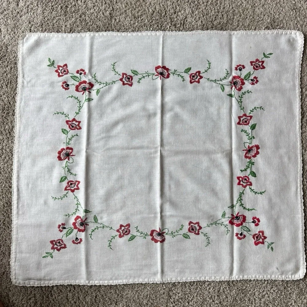 Vintage Table Linen Hand Embroidered  Red  Flowers Beautiful Trim  36 X 32 1/2